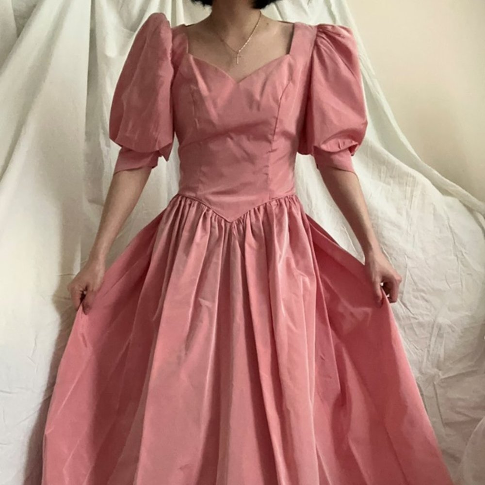 vintage rose pink sweetheart princess corset maxi gown dress w/ puffed sleeves
